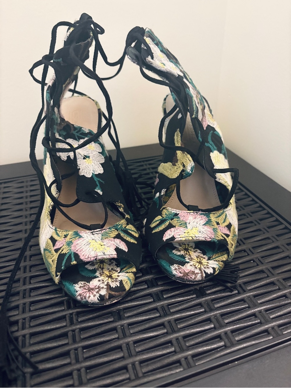 ASOS Black Lace-Up Floral Embroidered Heels